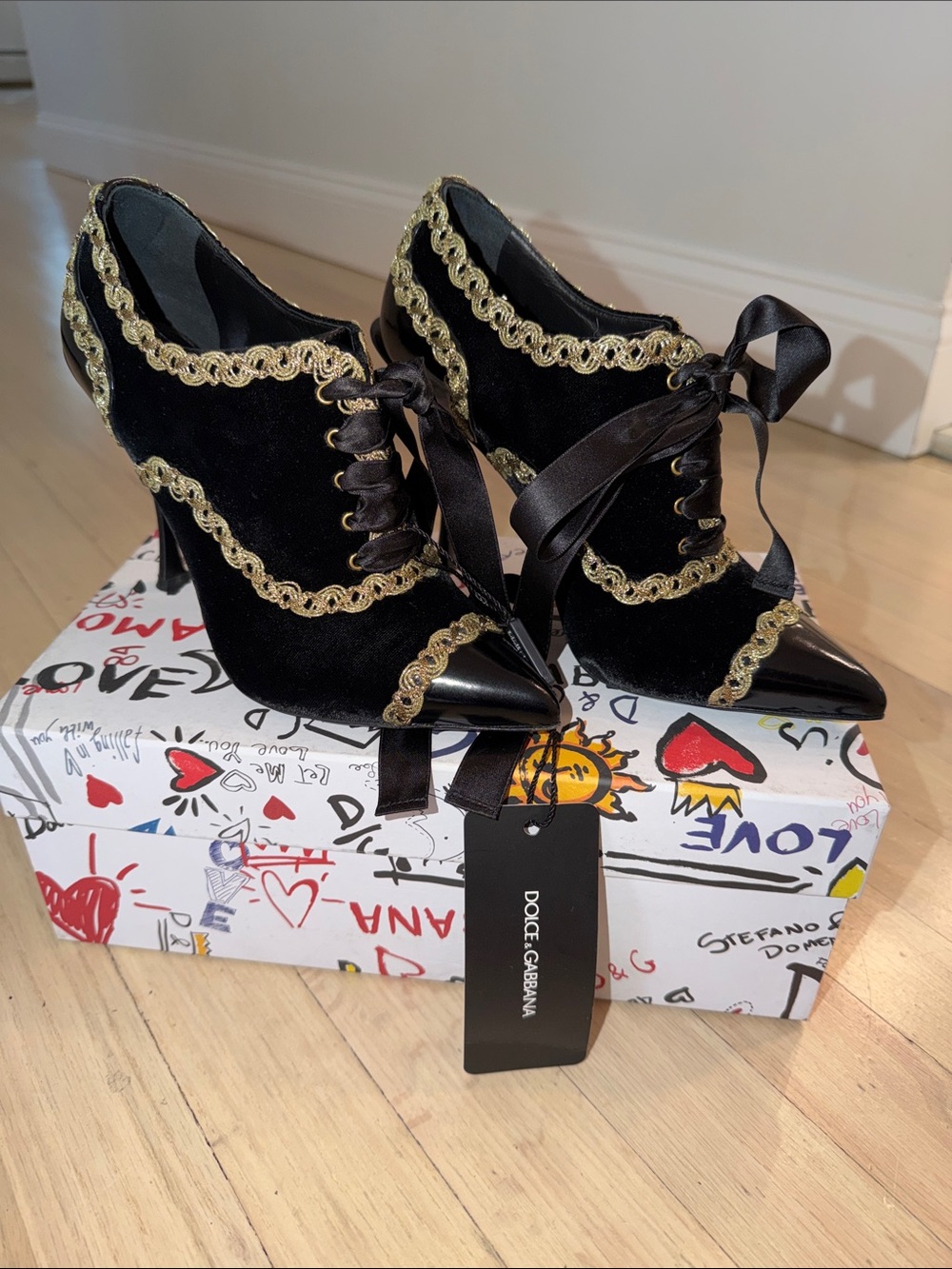 Dolce & Gabbana Black Velvet Lace-Up Heels with Gold Braided Trim